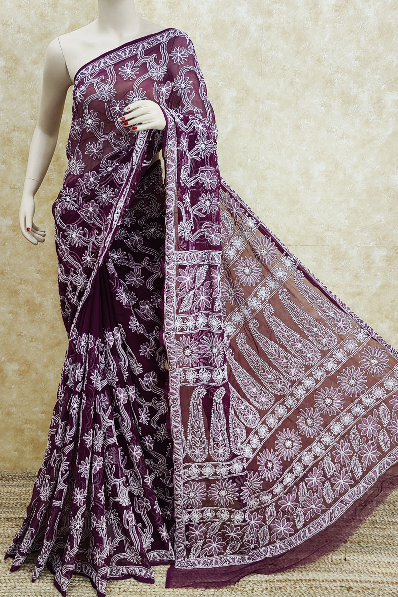 Violet Colour Designer Hand Embroidered Lucknowi Chikankari Saree ( With Blouse - Georgette ) MC251716